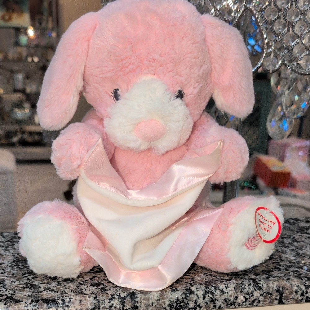Pink and White Stuffed Peek-A-Boo Puppy Talking Plush Toy